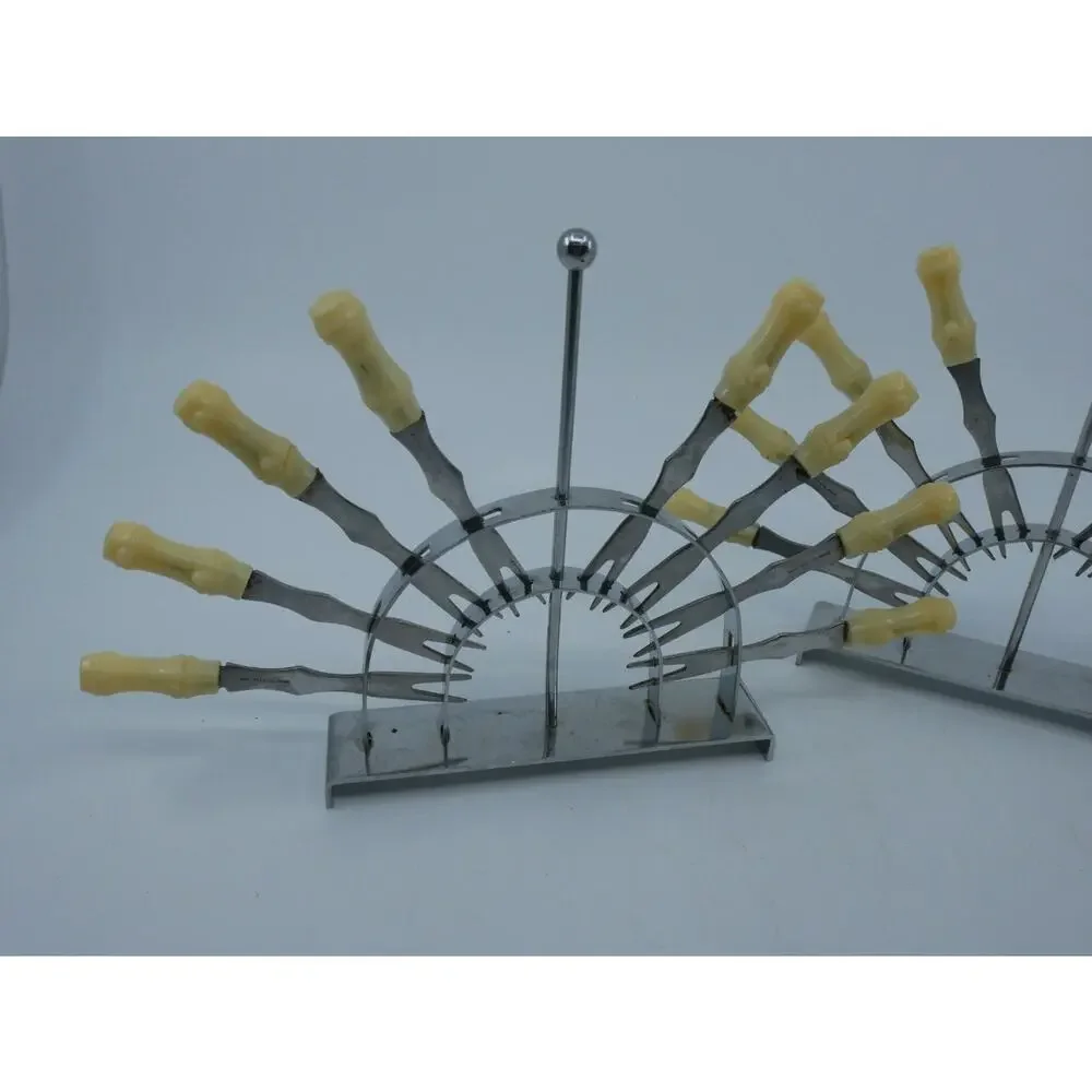 2 Vintage Cocktail Forks Beige Plastic Bamboo Tiki Style & Holder